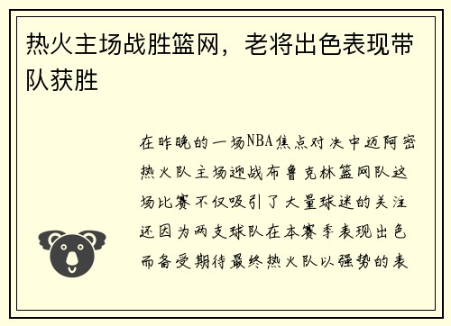 热火主场战胜篮网，老将出色表现带队获胜
